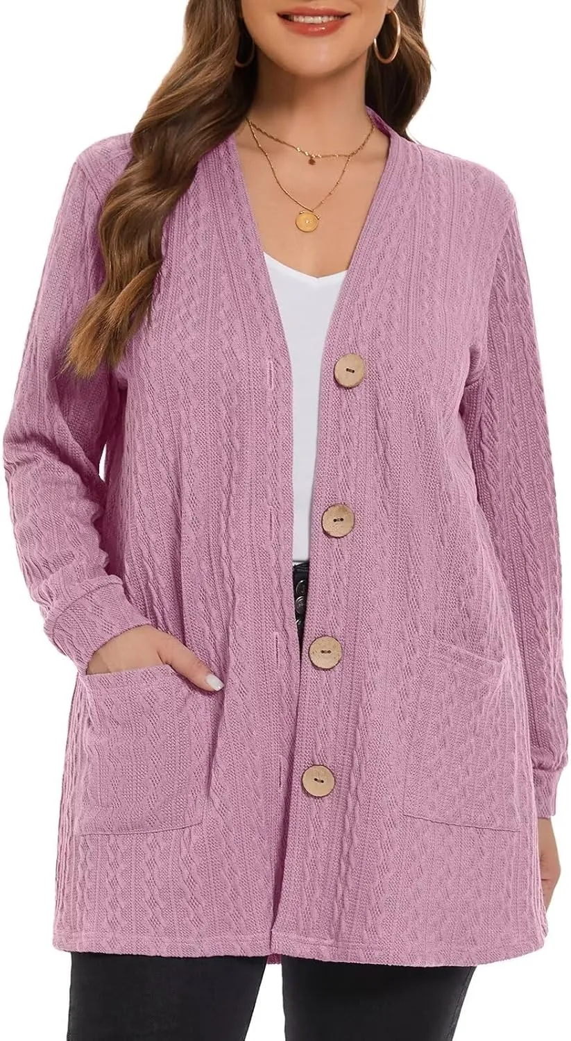 LARACE Open Front Cardigan for Women Cable Knit Sweater with Pockets Plus Size Long Sleeve Tops Button Down Winter Coat