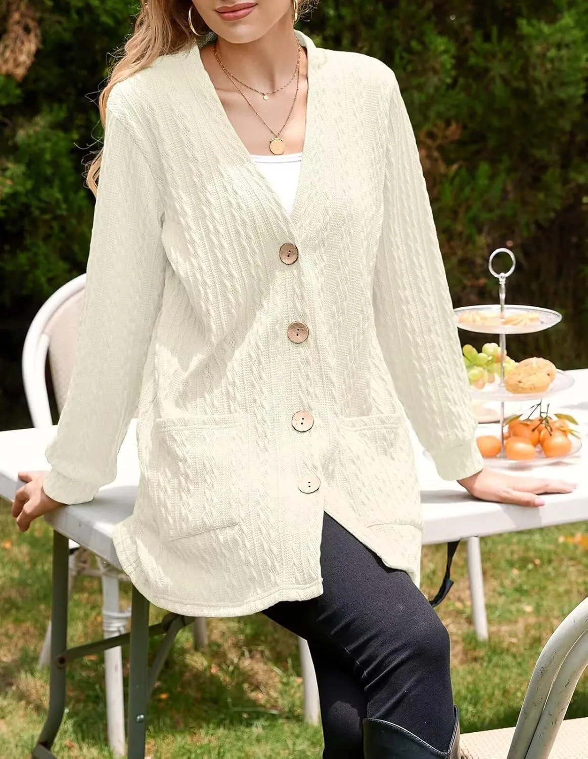 LARACE Open Front Cardigan for Women Cable Knit Sweater with Pockets Plus Size Long Sleeve Tops Button Down Winter Coat