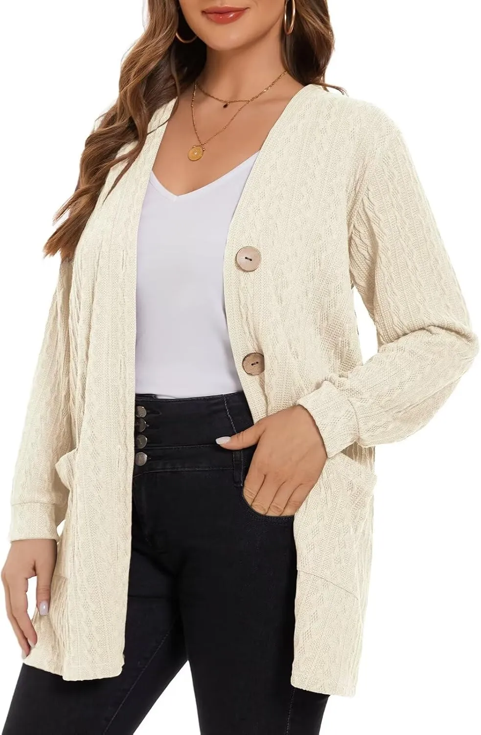 LARACE Open Front Cardigan for Women Cable Knit Sweater with Pockets Plus Size Long Sleeve Tops Button Down Winter Coat