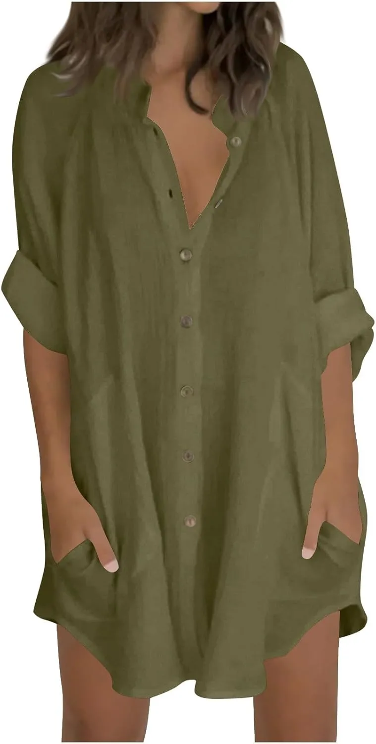 Linen Dress for Women Cotton Button Down Short Sleeve Tshirt Dresses Casual Loose Flowy V Neck Mini Beach Dress