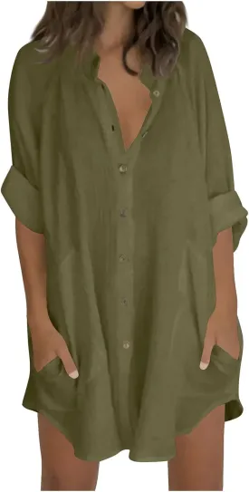 Linen Dress for Women Cotton Button Down Short Sleeve Tshirt Dresses Casual Loose Flowy V Neck Mini Beach Dress