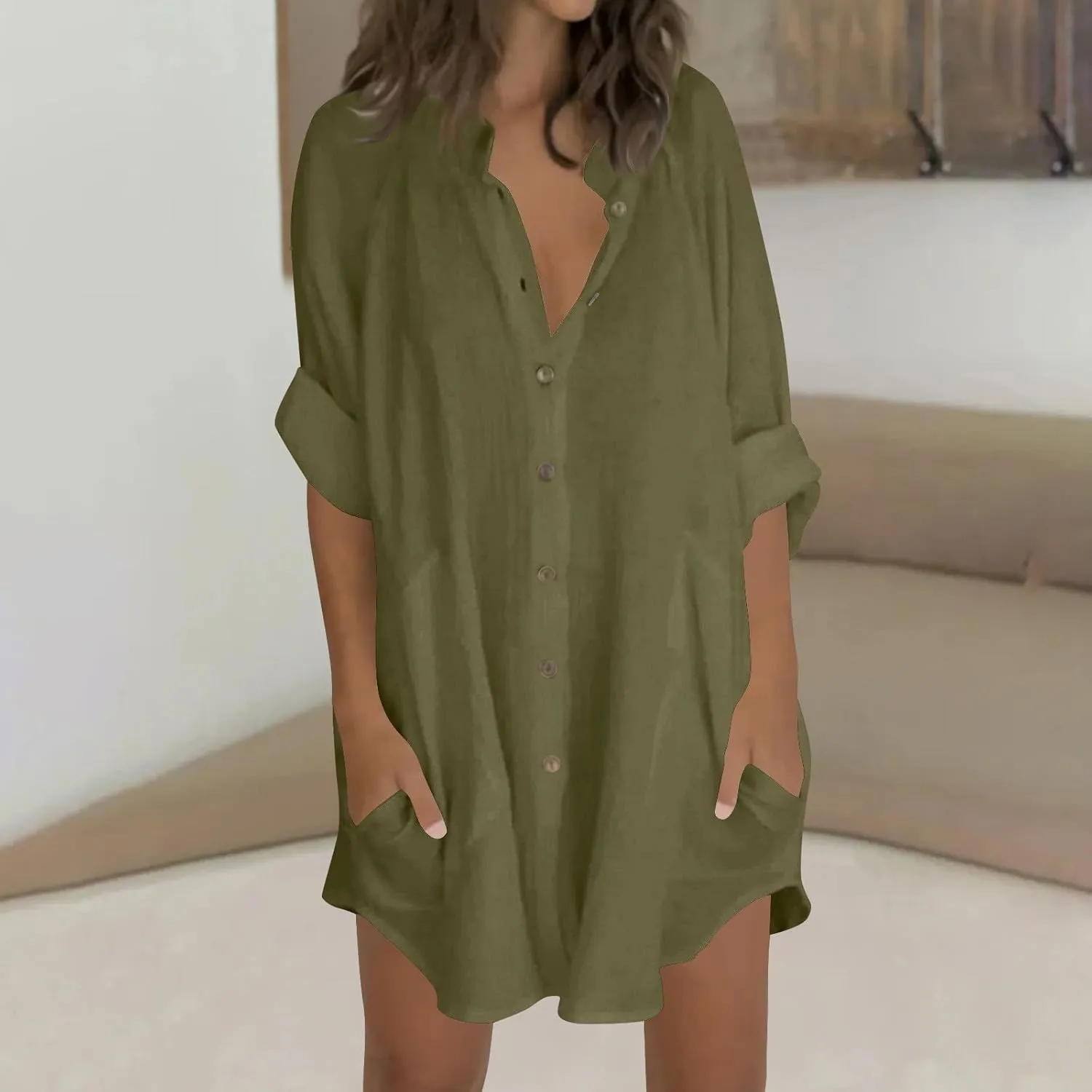 Linen Dress for Women Cotton Button Down Short Sleeve Tshirt Dresses Casual Loose Flowy V Neck Mini Beach Dress