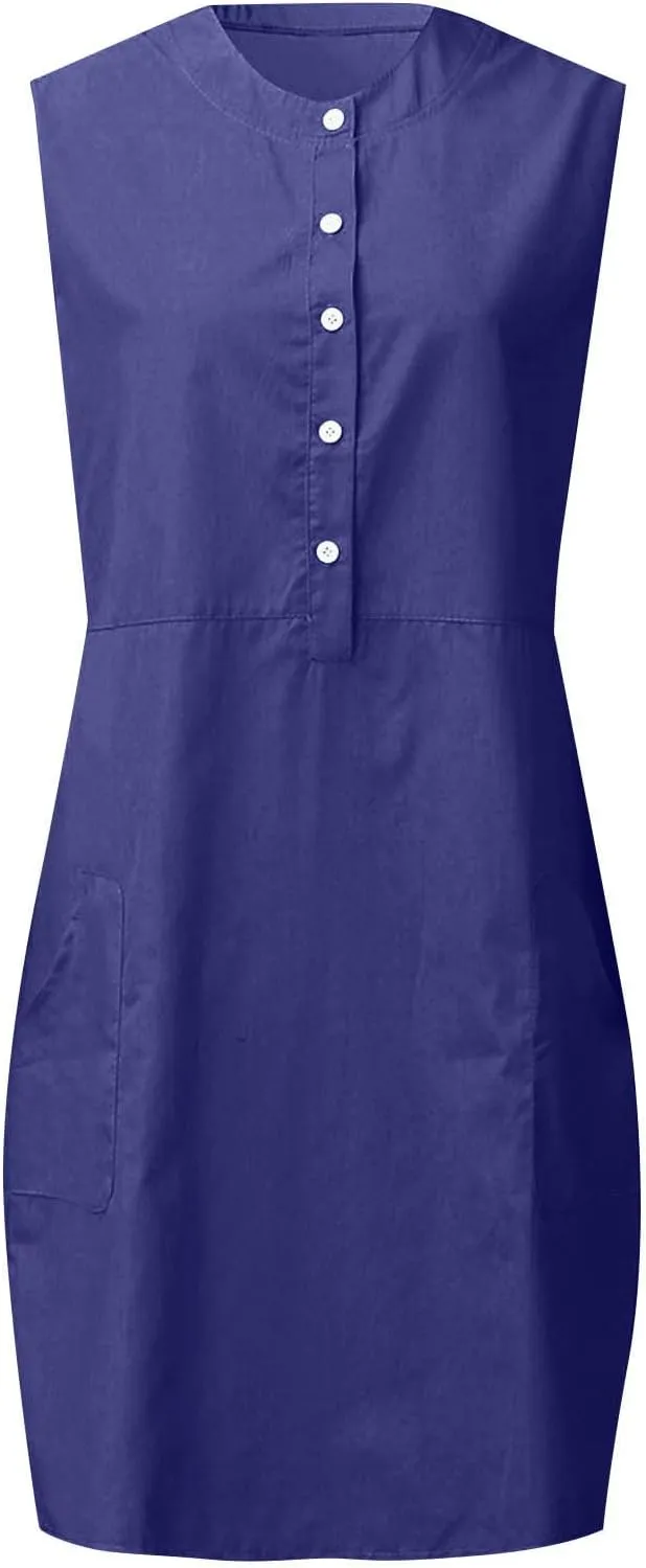 Linen Dresses for Women 2025 Sleeveless Button Down Shirt Dress Casual Summer Mini Dresses with Pockets