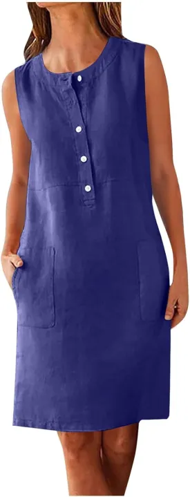Linen Dresses for Women 2025 Sleeveless Button Down Shirt Dress Casual Summer Mini Dresses with Pockets