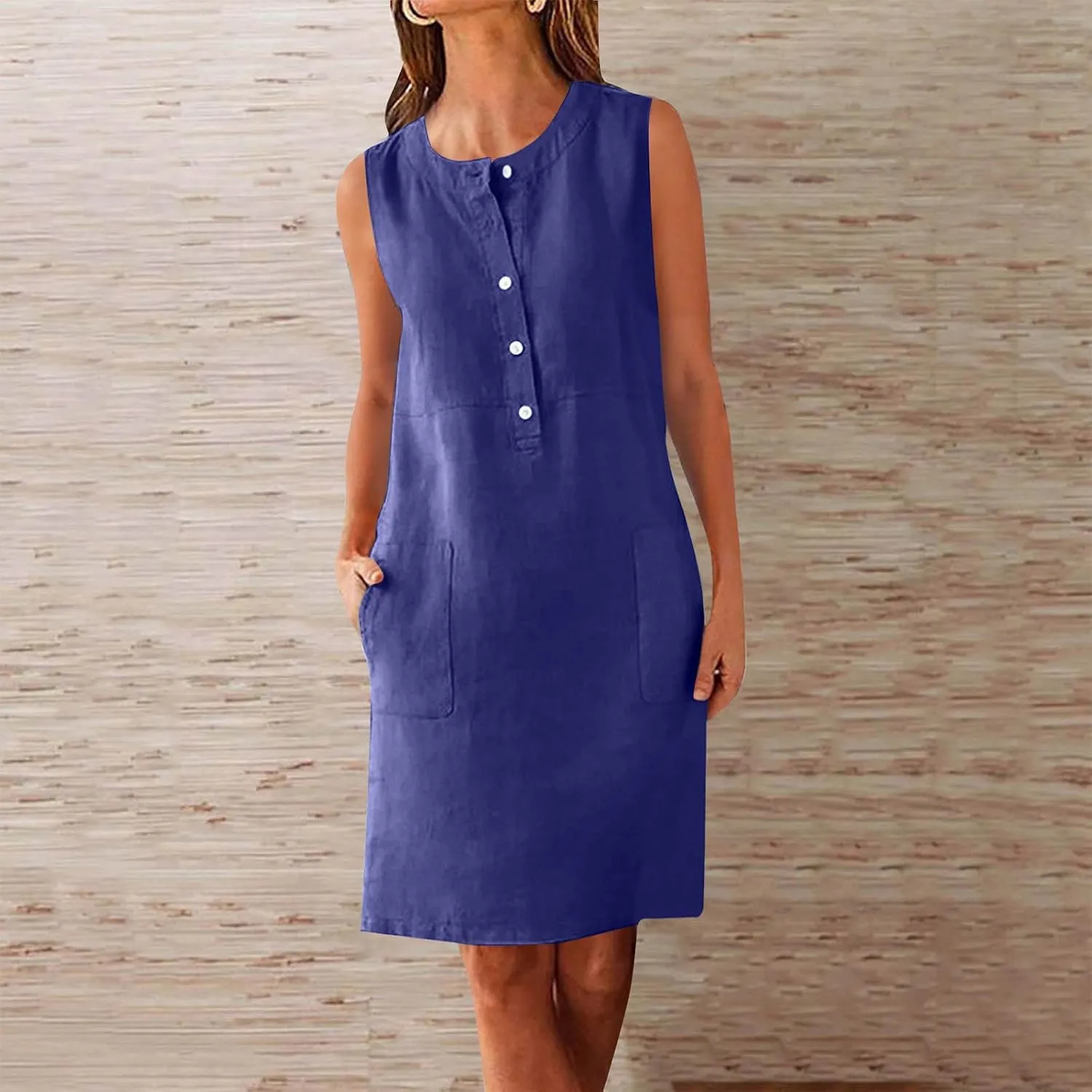 Linen Dresses for Women 2025 Sleeveless Button Down Shirt Dress Casual Summer Mini Dresses with Pockets