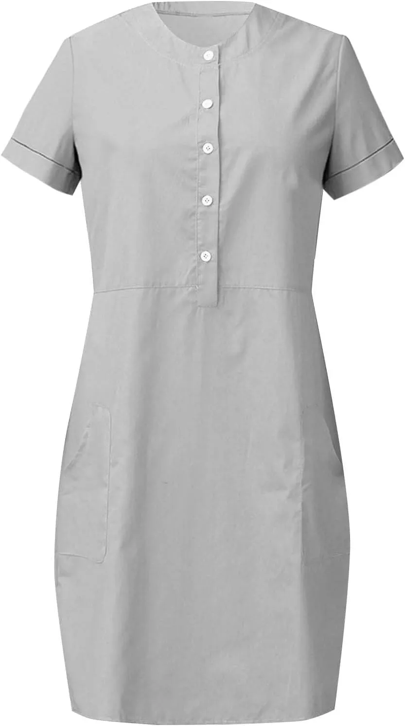 Linen Dresses for Women Sleevelees/Short Sleeve Button Up Beach Dress Summer Casual Vacation Clothes