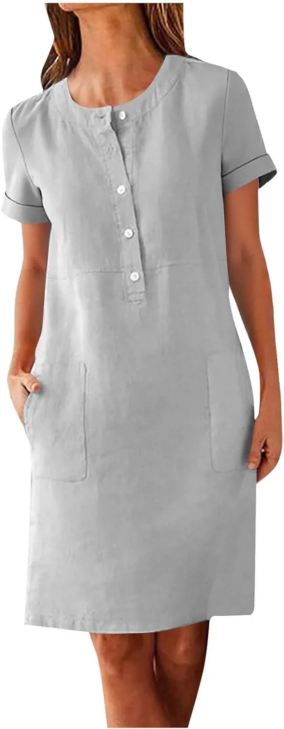 Linen Dresses for Women Sleevelees/Short Sleeve Button Up Beach Dress Summer Casual Vacation Clothes