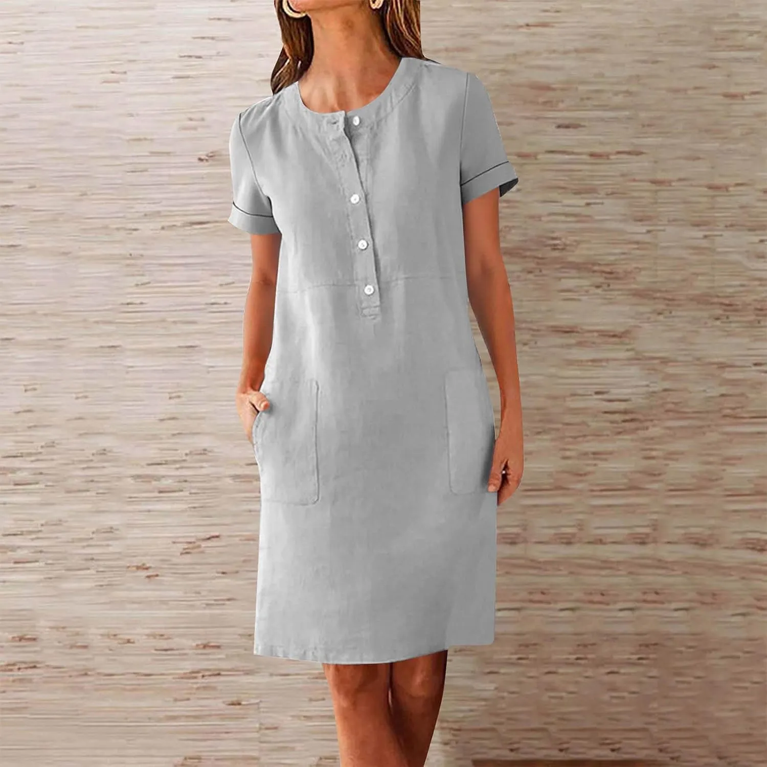 Linen Dresses for Women Sleevelees/Short Sleeve Button Up Beach Dress Summer Casual Vacation Clothes
