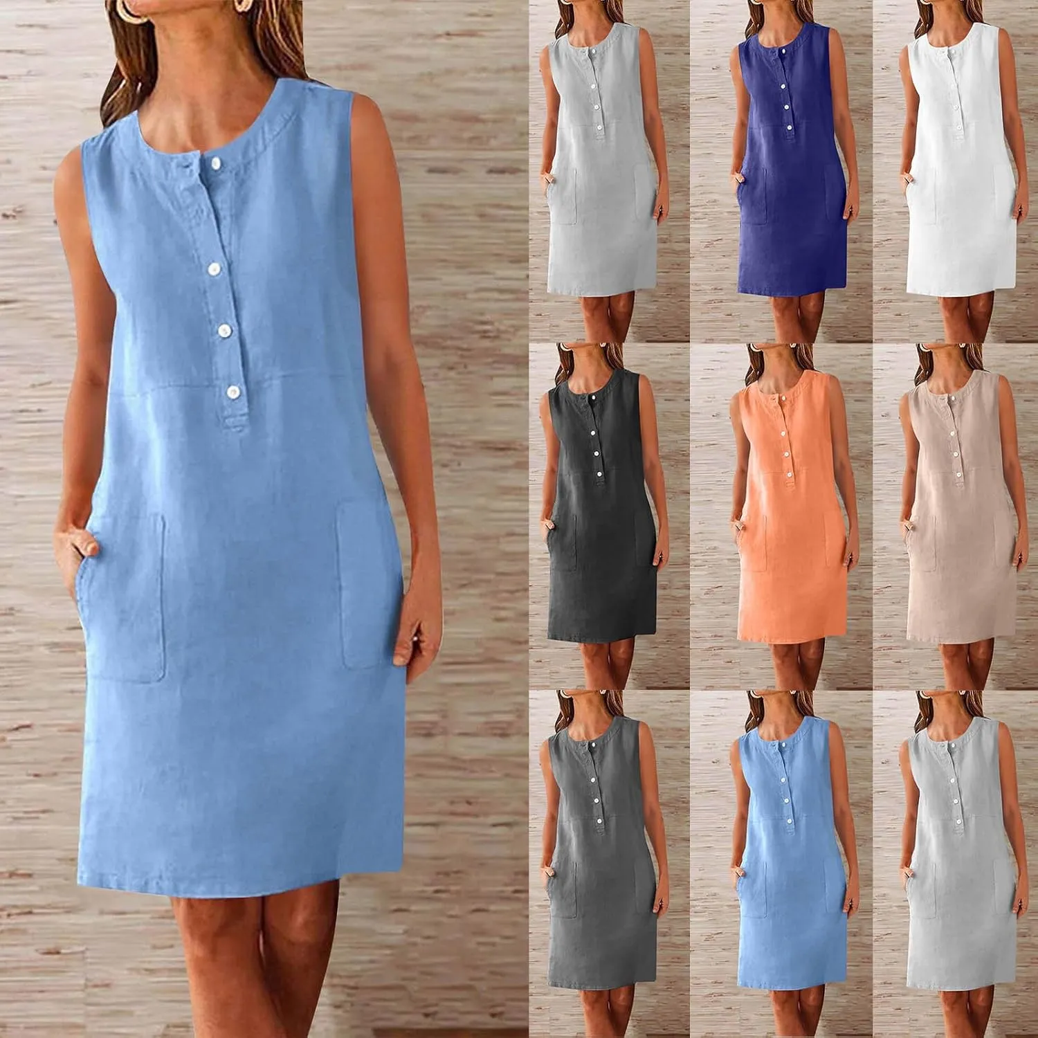 Linen Dresses for Women Sleevelees/Short Sleeve Button Up Beach Dress Summer Casual Vacation Clothes