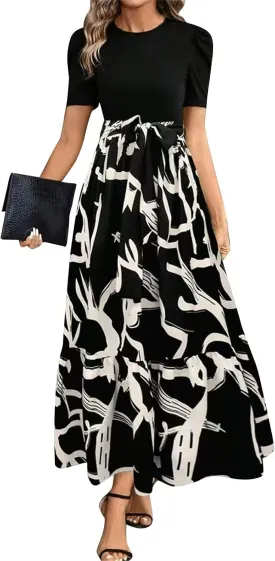 Long Floral Dresses for Women 2025 Elegant Boho Tie Belted Patchwork Empire Waist Short Sleeve Modest Flowy Maxi Dress