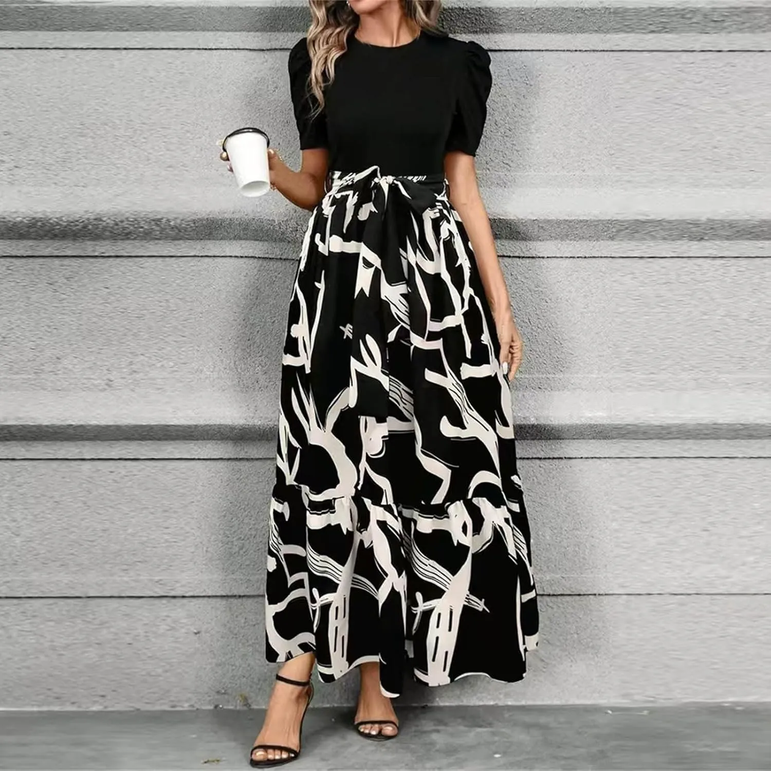 Long Floral Dresses for Women 2025 Elegant Boho Tie Belted Patchwork Empire Waist Short Sleeve Modest Flowy Maxi Dress