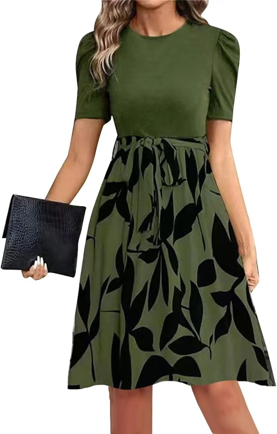 Long Floral Dresses for Women Short Sleeve Elegant Boho Tie Belted Empire Waist Patchwork Modest Flowy Maxi Dress