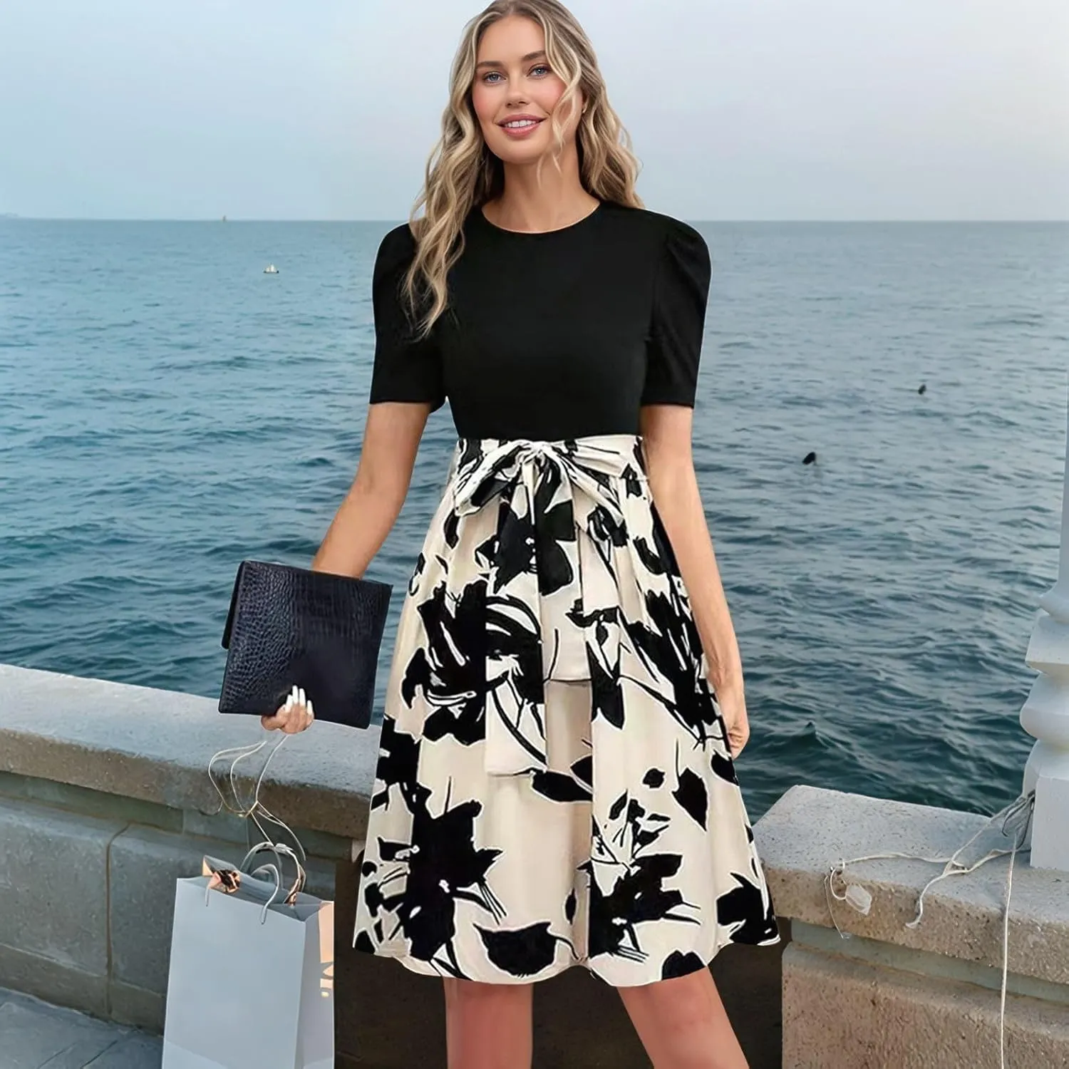 Long Floral Dresses for Women Short Sleeve Elegant Boho Tie Belted Empire Waist Patchwork Modest Flowy Maxi Dress