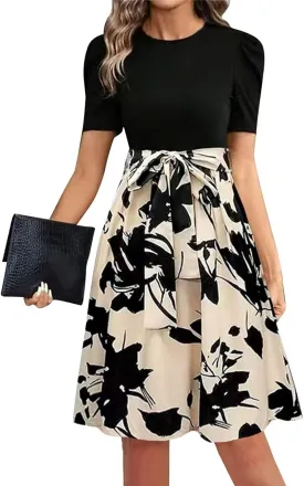 Long Floral Dresses for Women Short Sleeve Elegant Boho Tie Belted Empire Waist Patchwork Modest Flowy Maxi Dress