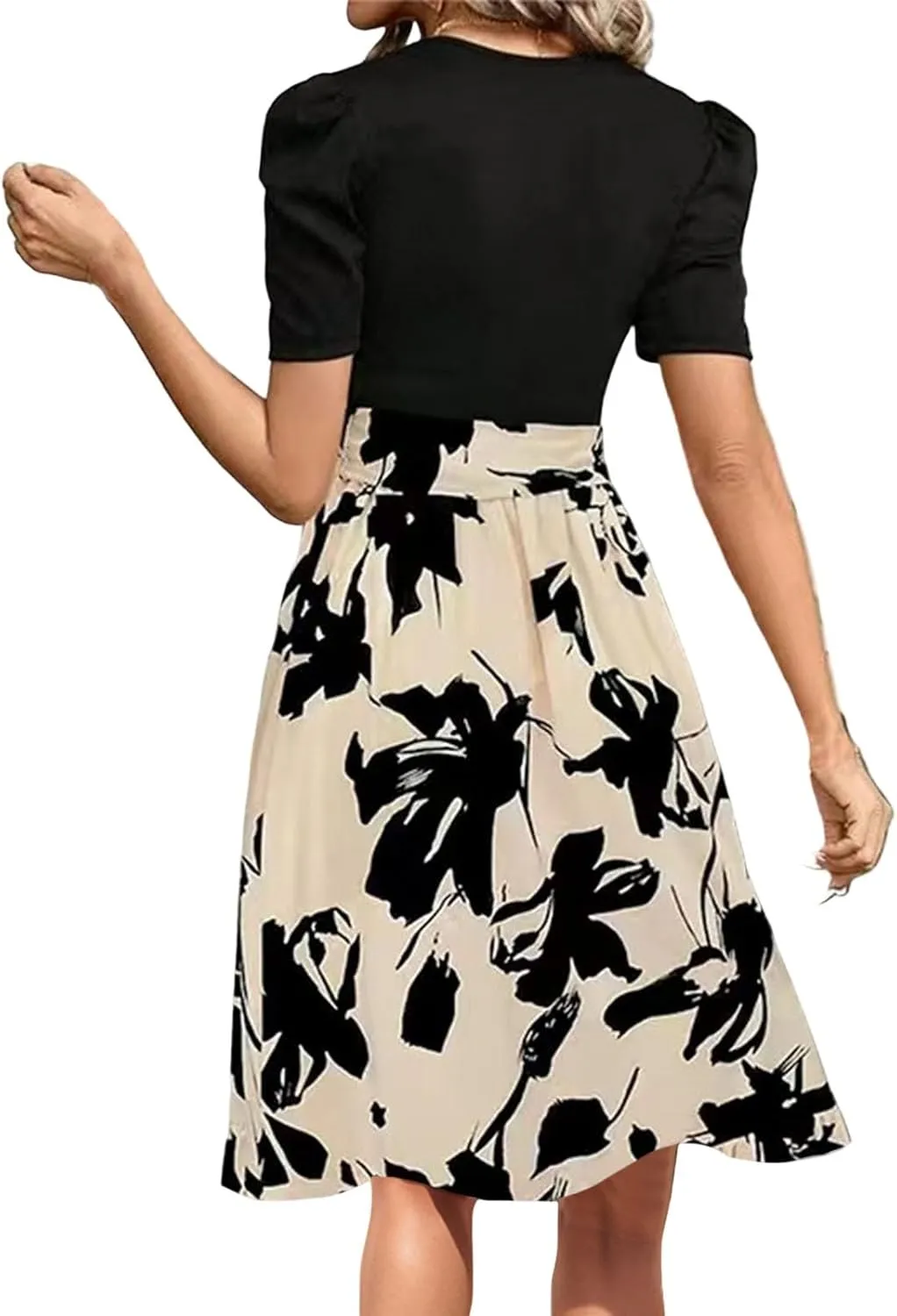 Long Floral Dresses for Women Short Sleeve Elegant Boho Tie Belted Empire Waist Patchwork Modest Flowy Maxi Dress