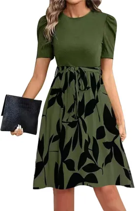 Long Floral Dresses for Women Short Sleeve Elegant Boho Tie Belted Empire Waist Patchwork Modest Flowy Maxi Dress