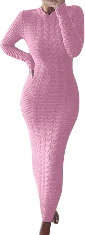 Maxi Sweaters Dress for Womens Winter Warm Casual Loose Knit Dress Fashion Cable Fall Slim Fit Funnel Collar Pullover