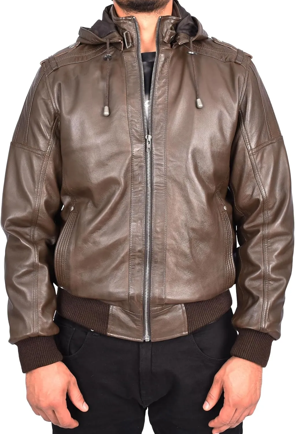 Men's Genuine Leather Bomber Jacket Trendy Removable Hood Casual Style Stevie