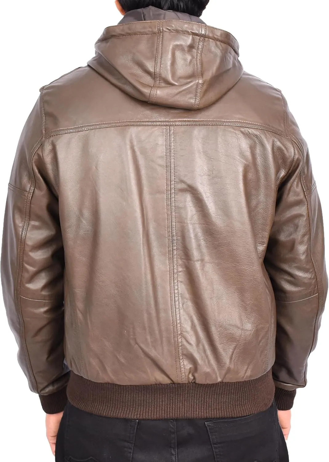 Men's Genuine Leather Bomber Jacket Trendy Removable Hood Casual Style Stevie