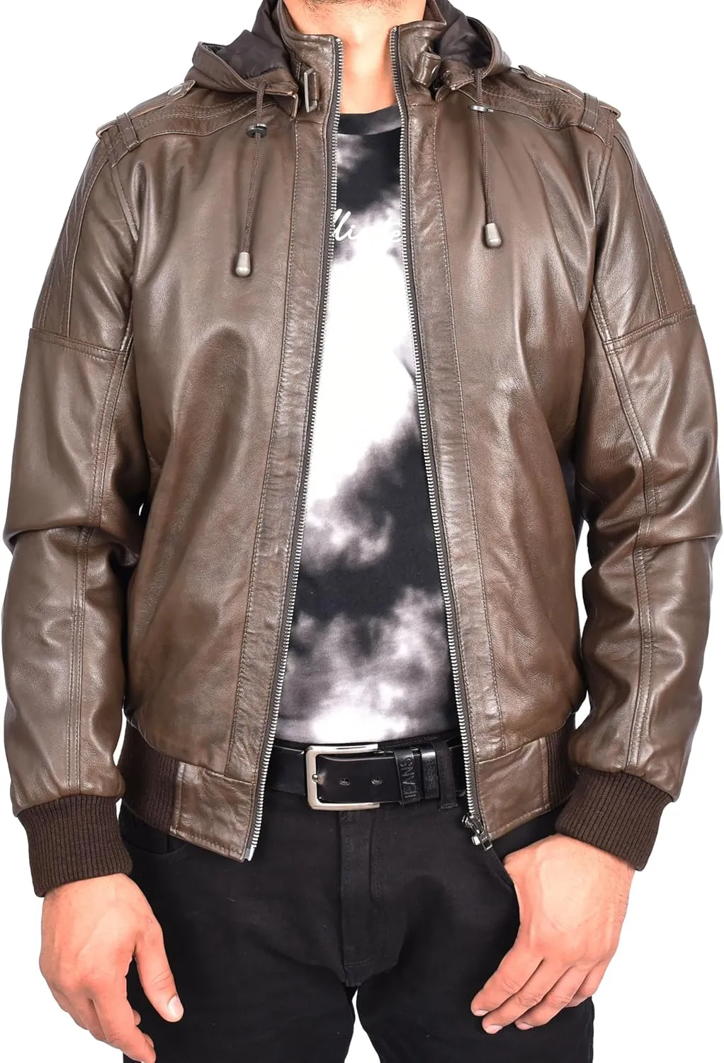 Men's Genuine Leather Bomber Jacket Trendy Removable Hood Casual Style Stevie