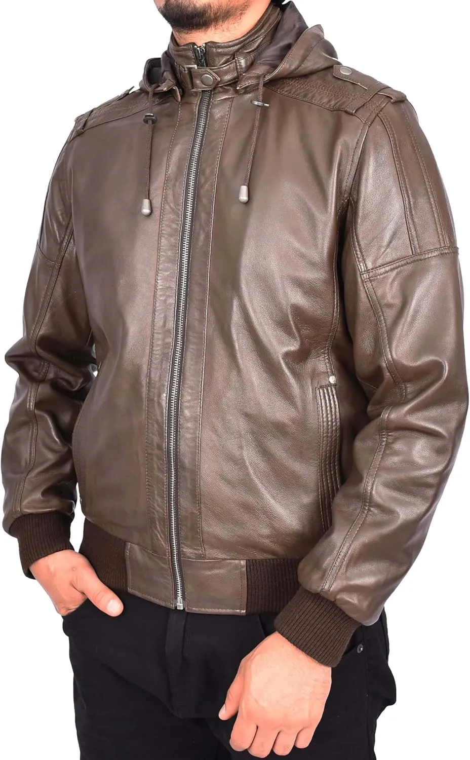 Men's Genuine Leather Bomber Jacket Trendy Removable Hood Casual Style Stevie