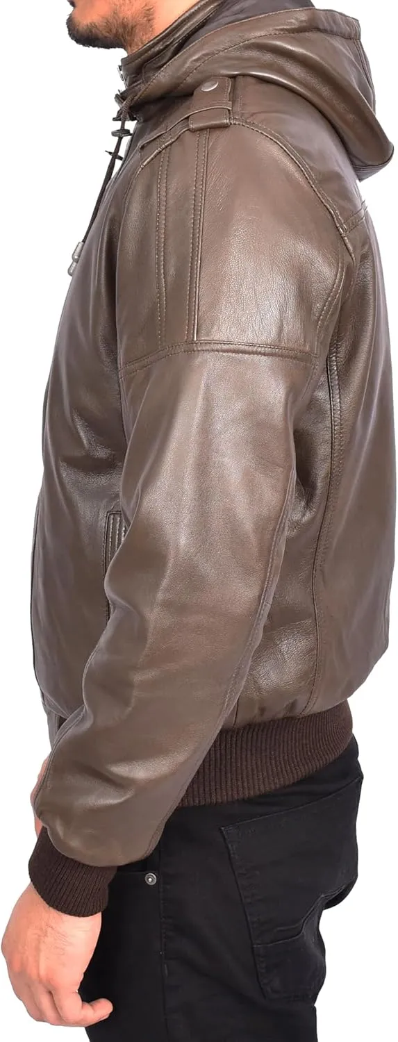 Men's Genuine Leather Bomber Jacket Trendy Removable Hood Casual Style Stevie