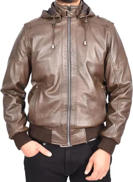 Men's Genuine Leather Bomber Jacket Trendy Removable Hood Casual Style Stevie