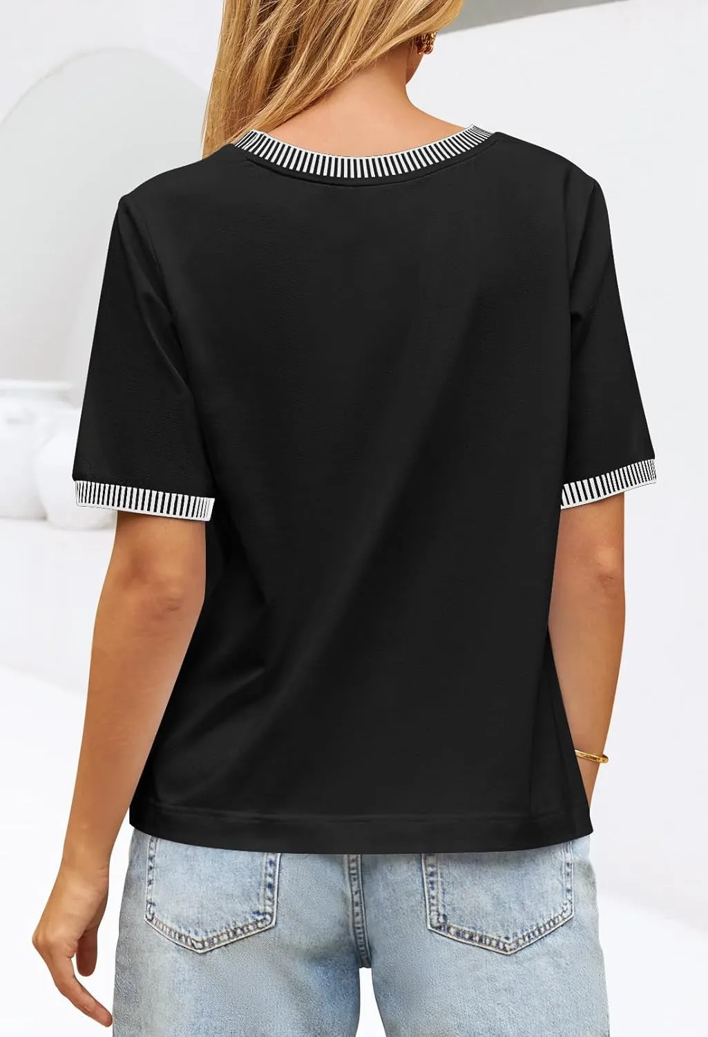 MEROKEETY Women's 2025 Short Sleeve Striped Color Block T Shirts Crewneck Loose Casual Tee Tops