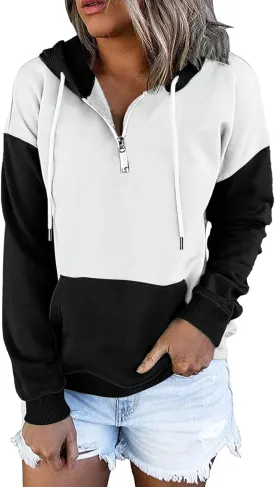 NaRHbrg Lightweight Hoodies for Women Color Block Hooded Sweatshirt Zip-Up Jersey Jacket Long Sleeve Top with Pockets