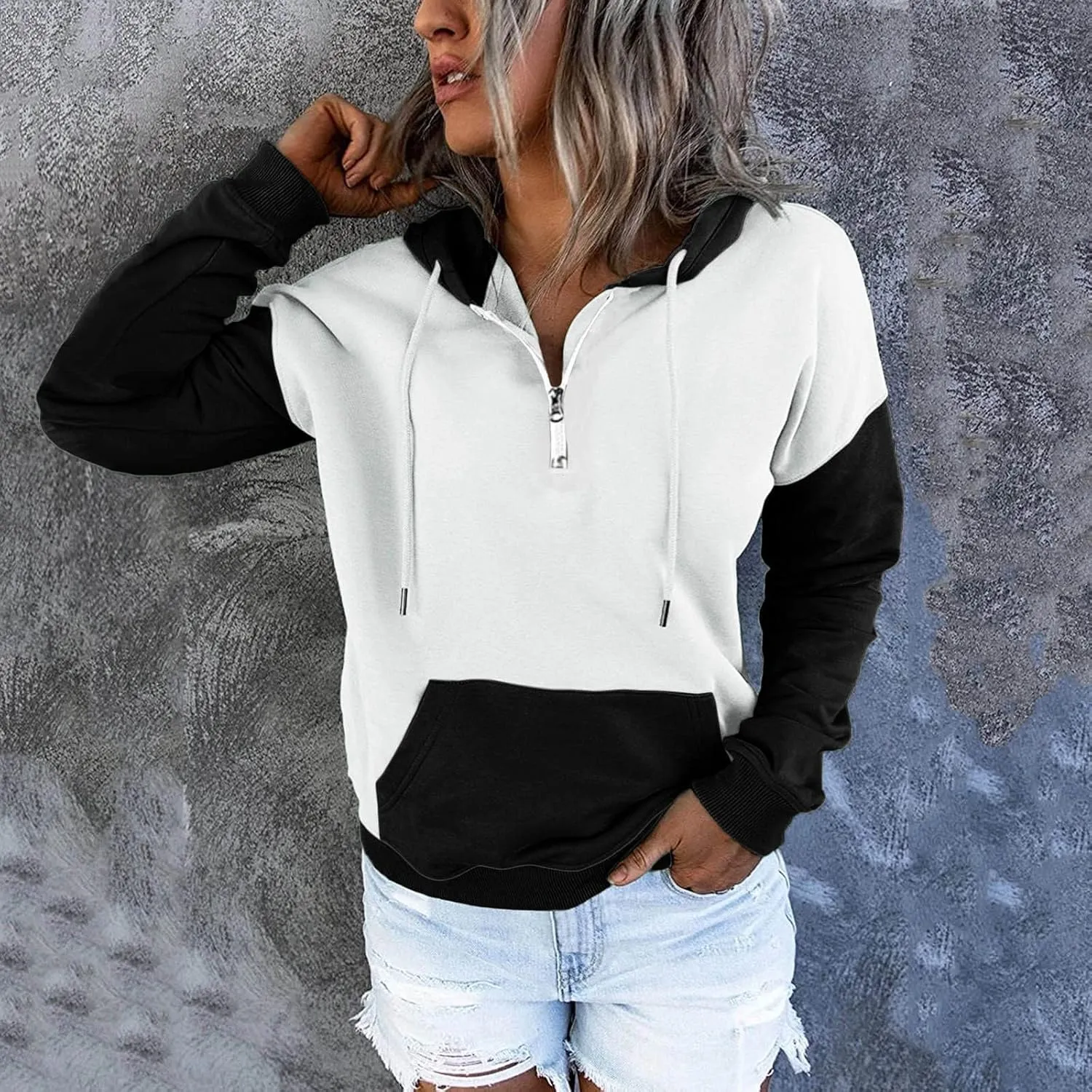 NaRHbrg Lightweight Hoodies for Women Color Block Hooded Sweatshirt Zip-Up Jersey Jacket Long Sleeve Top with Pockets