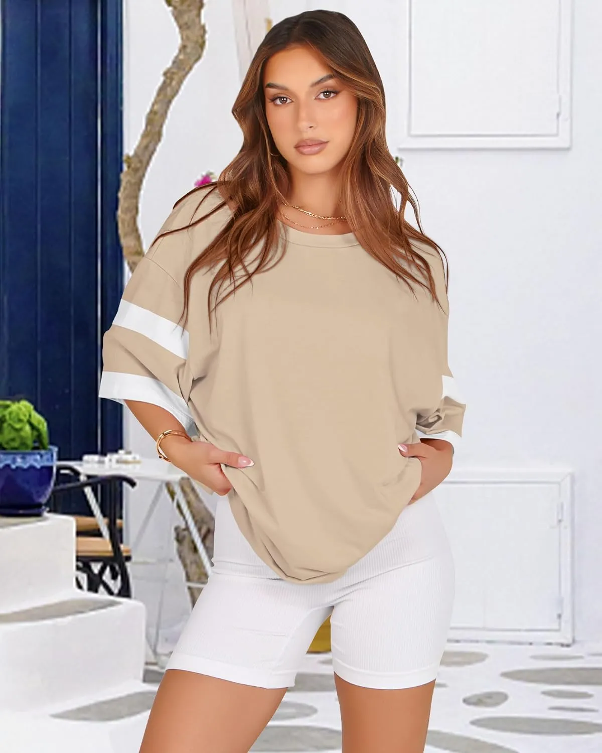 Oversized Tshirts for Women Summer Round Neck Striped Loose Tee Tops