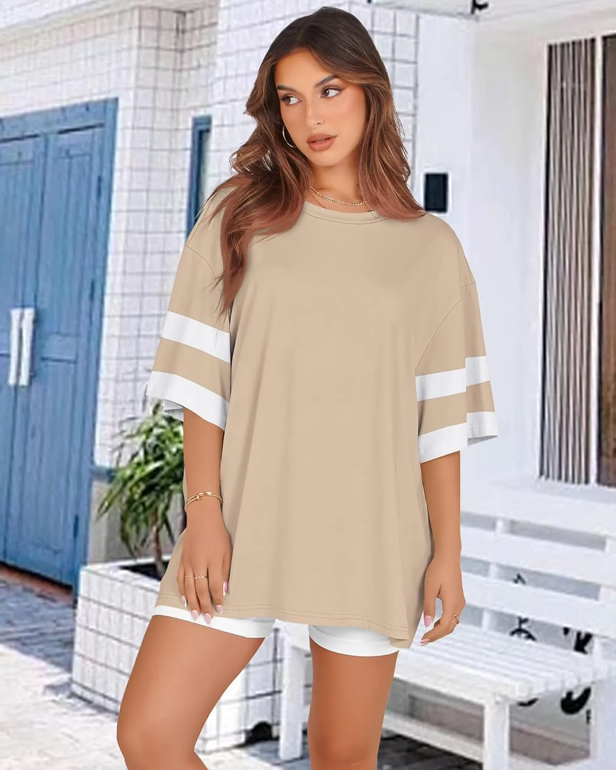 Oversized Tshirts for Women Summer Round Neck Striped Loose Tee Tops