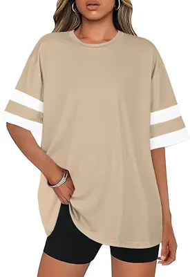 Oversized Tshirts for Women Summer Round Neck Striped Loose Tee Tops