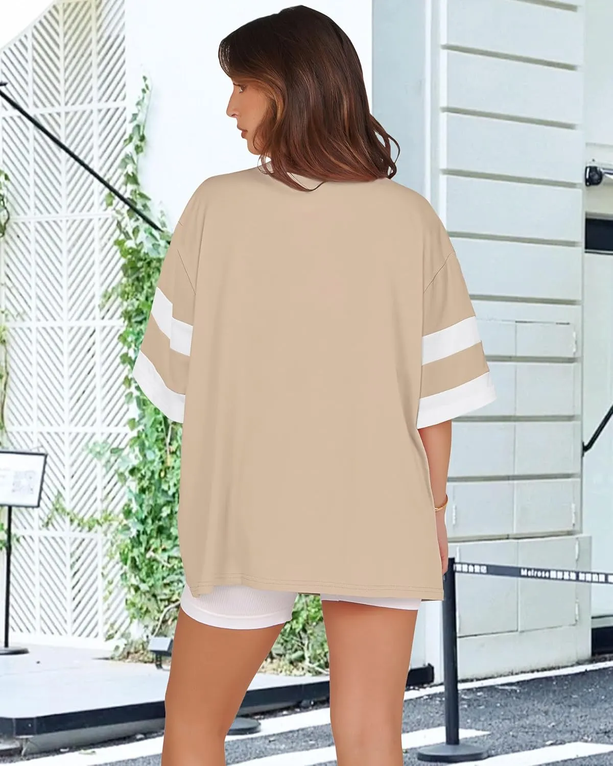 Oversized Tshirts for Women Summer Round Neck Striped Loose Tee Tops