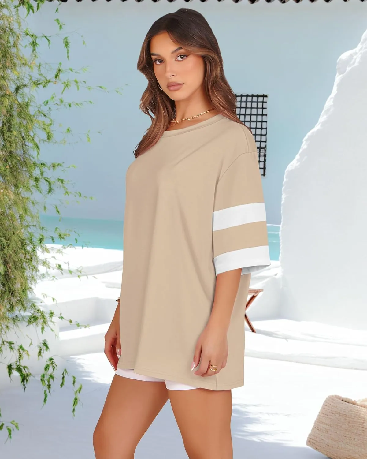 Oversized Tshirts for Women Summer Round Neck Striped Loose Tee Tops