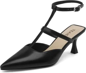 Pointed Toe Kitten Heels for Women Dressy Pumps with Ankle Strap Mary Jane Pumps for Women Slingback Shoes T-Strap
