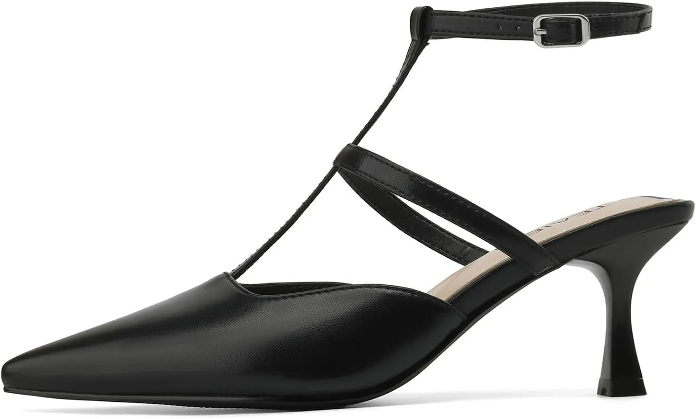 Pointed Toe Kitten Heels for Women Dressy Pumps with Ankle Strap Mary Jane Pumps for Women Slingback Shoes T-Strap