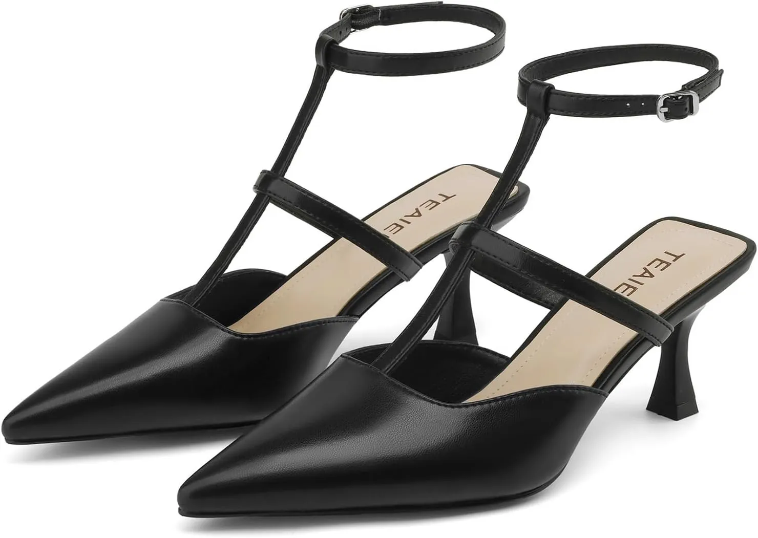 Pointed Toe Kitten Heels for Women Dressy Pumps with Ankle Strap Mary Jane Pumps for Women Slingback Shoes T-Strap
