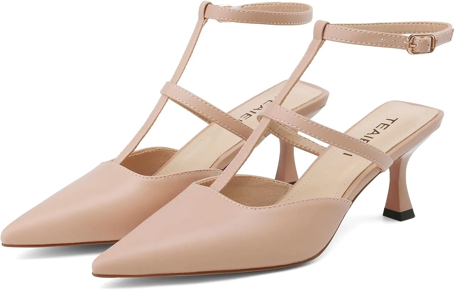 Pointed Toe Kitten Heels for Women Dressy Pumps with Ankle Strap Mary Jane Pumps for Women Slingback Shoes T-Strap