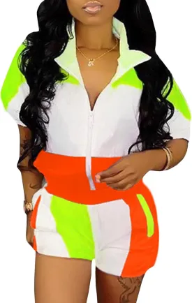 Raboolion Women's 2 Piece Outfits Tracksuit Jumpsuits Color Block Lightweight Windbreaker Jacket Crop Top Shorts Pants Set