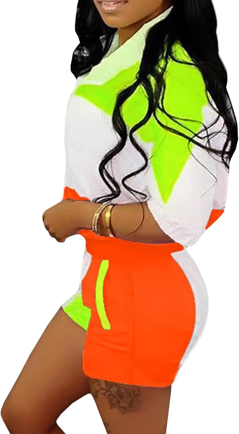 Raboolion Women's 2 Piece Outfits Tracksuit Jumpsuits Color Block Lightweight Windbreaker Jacket Crop Top Shorts Pants Set