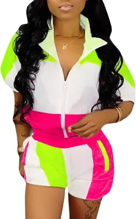 Raboolion Women's 2 Piece Outfits Tracksuit Jumpsuits Color Block Lightweight Windbreaker Jacket Crop Top Shorts Pants Set