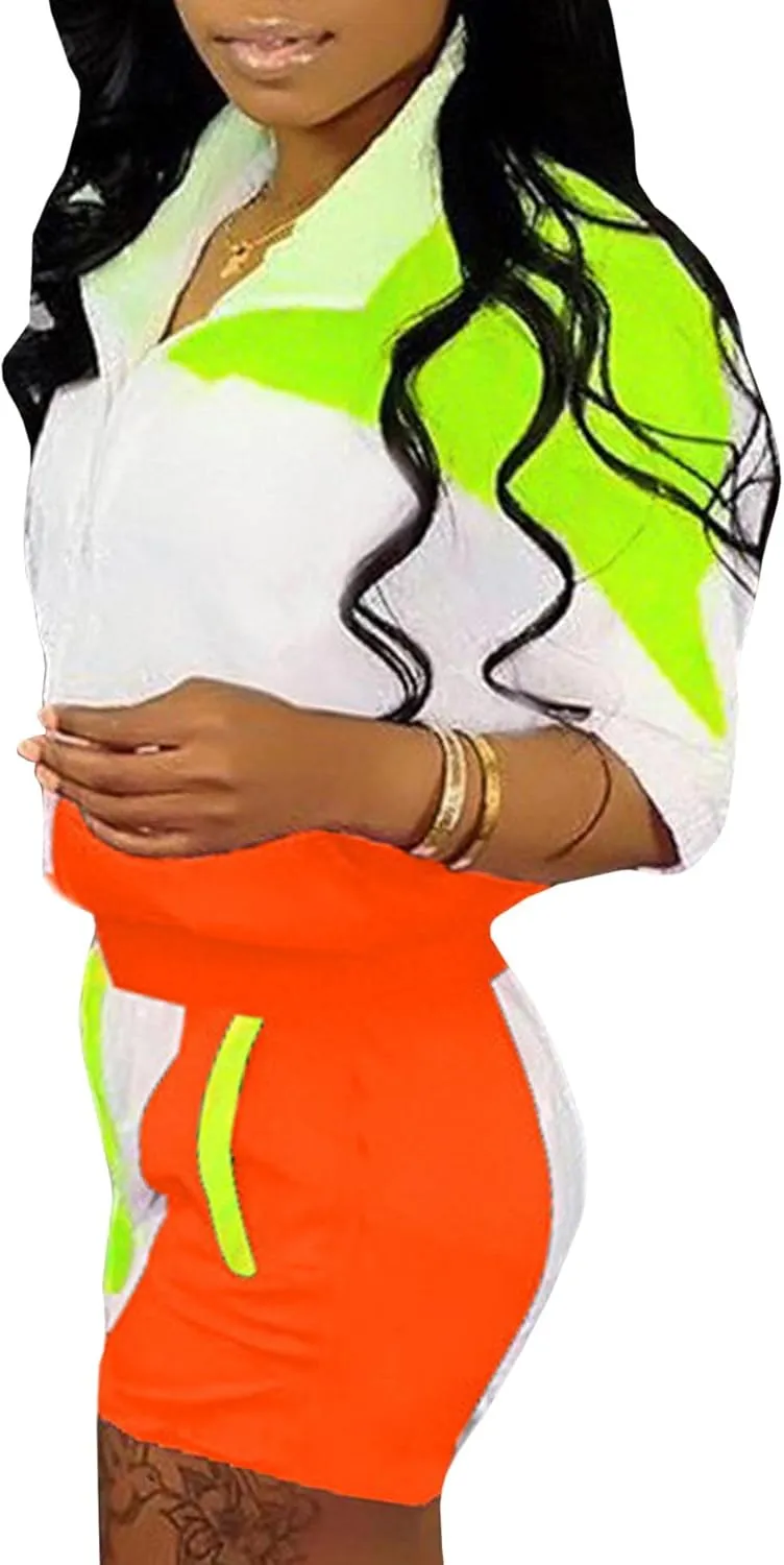 Raboolion Women's 2 Piece Outfits Tracksuit Jumpsuits Color Block Lightweight Windbreaker Jacket Crop Top Shorts Pants Set