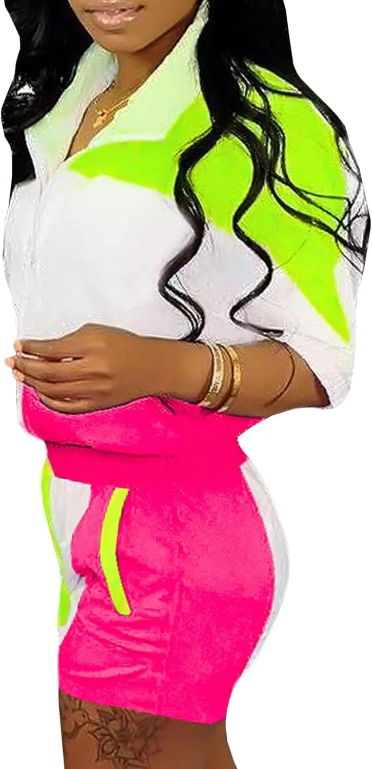Raboolion Women's 2 Piece Outfits Tracksuit Jumpsuits Color Block Lightweight Windbreaker Jacket Crop Top Shorts Pants Set