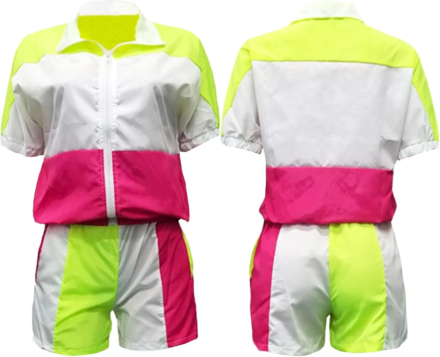 Raboolion Women's 2 Piece Outfits Tracksuit Jumpsuits Color Block Lightweight Windbreaker Jacket Crop Top Shorts Pants Set