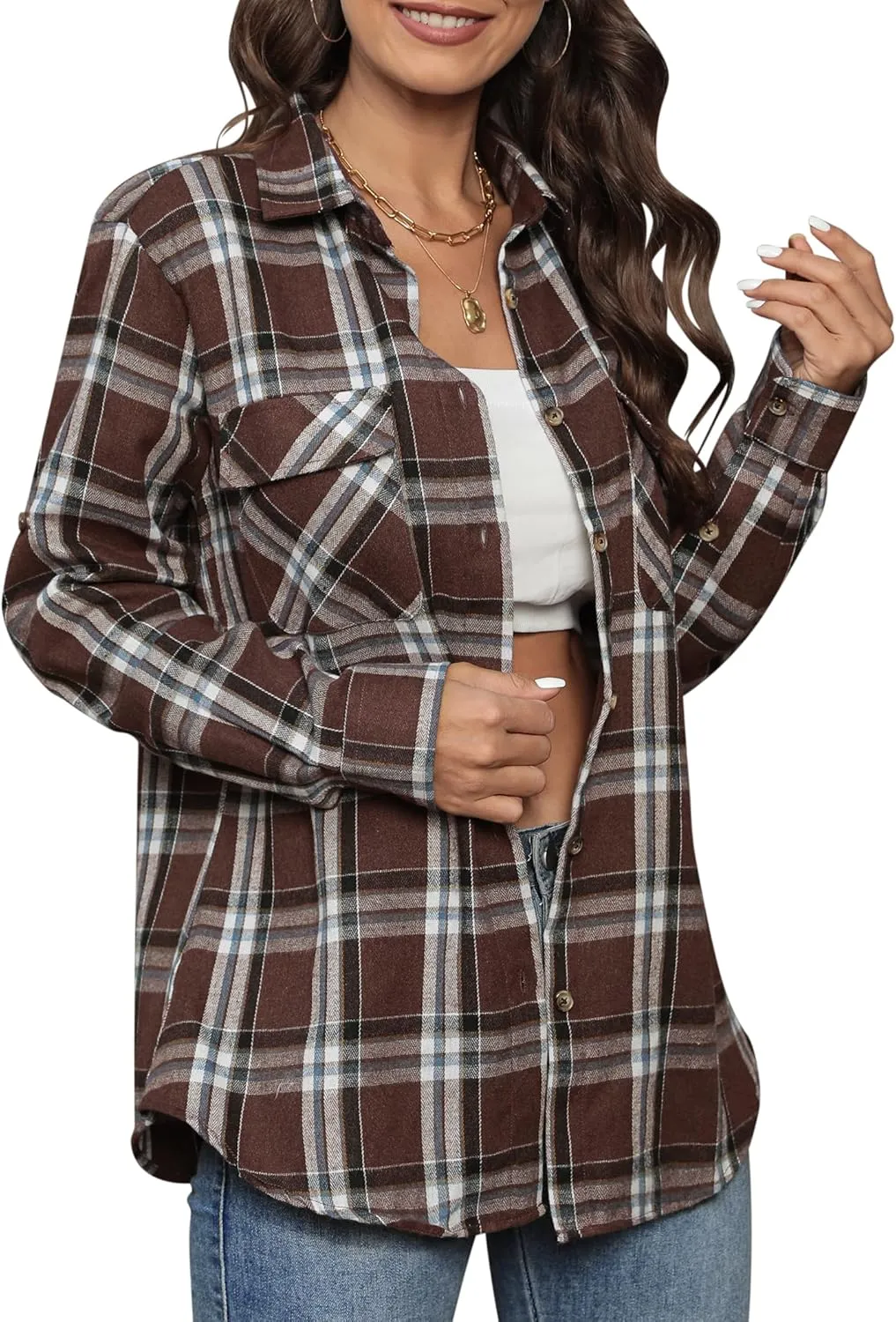 siliteelon Flannel Shirt Women Plaid Shirts Button Down Long Sleeve Oversized Cotton Boyfriend Casual Roll Up Blouse Tops