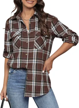 siliteelon Flannel Shirt Women Plaid Shirts Button Down Long Sleeve Oversized Cotton Boyfriend Casual Roll Up Blouse Tops