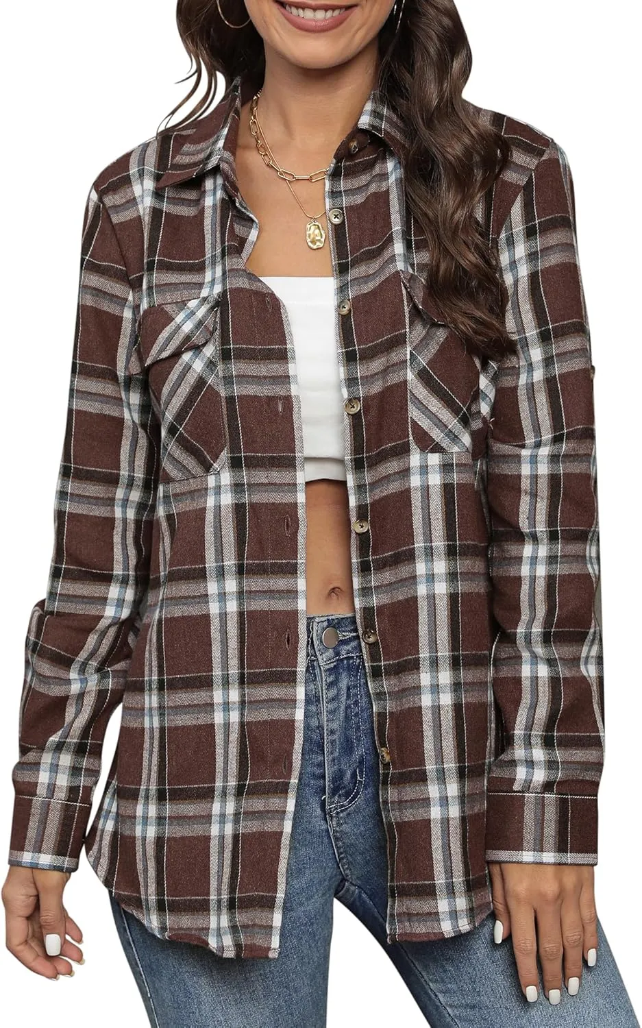 siliteelon Flannel Shirt Women Plaid Shirts Button Down Long Sleeve Oversized Cotton Boyfriend Casual Roll Up Blouse Tops