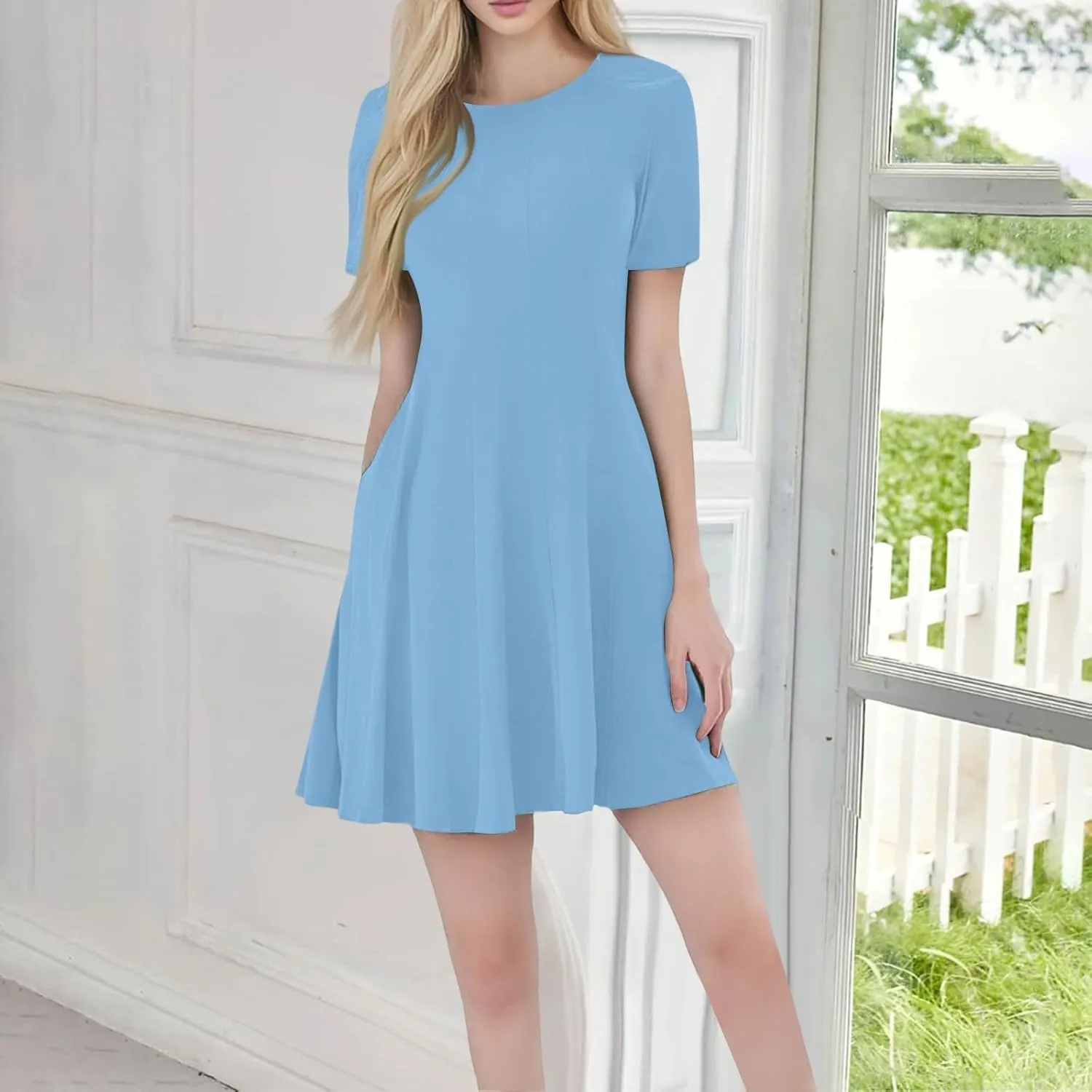 Summer Dresses for Women 2025 Crewneck Short Sleeve Mini Dress Casual T Shirt Flowy Swing Beach Vacation Dresses