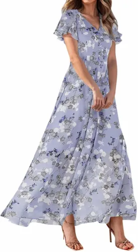 TWGONE Maxi Dresses for Women 2025 Summer Casual Trendy Floral Boho Dress V Neck Short Sleeve Chiffon Flowy Beach Dresses